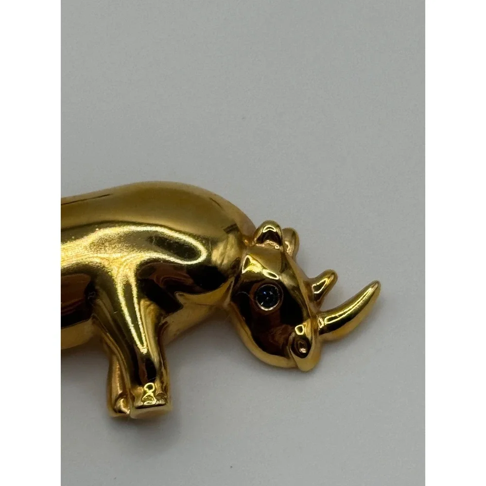 Vintage‎ Krementz Rhino Brooch Rhinestone Eye Gold Tone Pin
